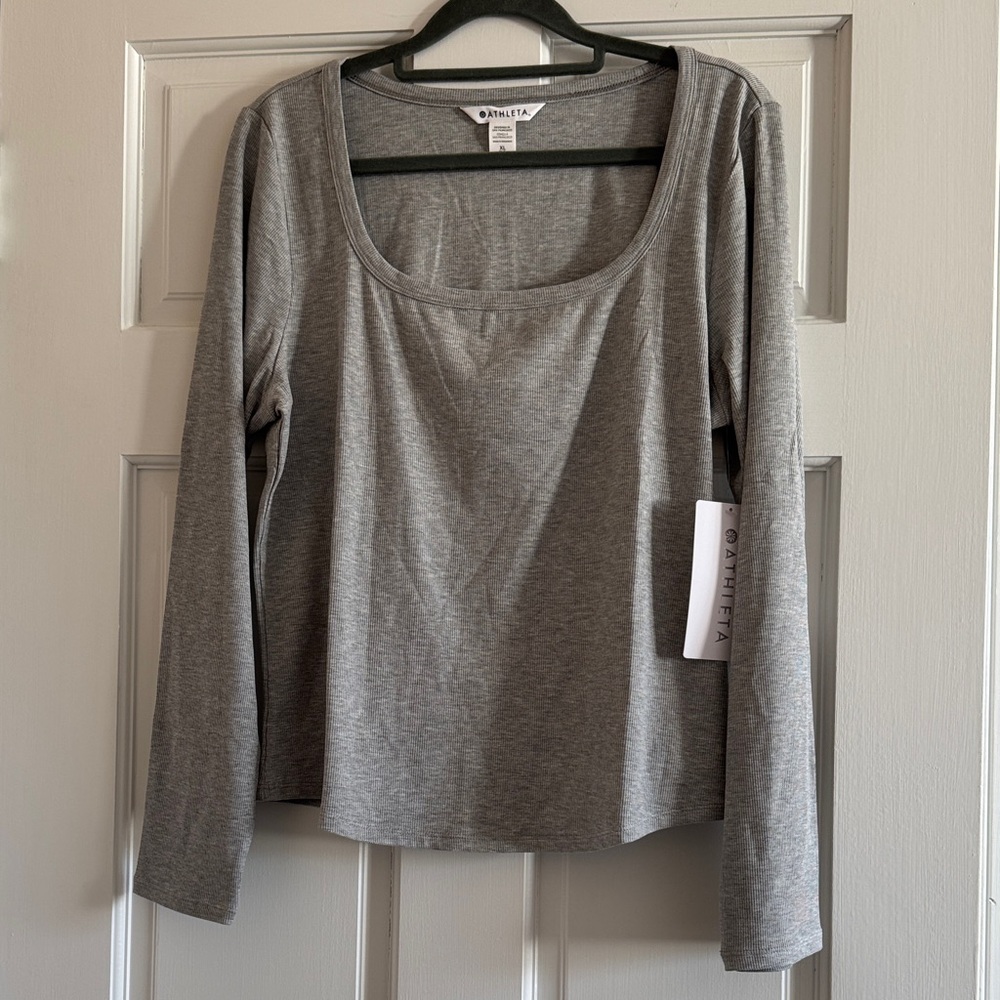 Athleta Signature Rib Square Neck Top Light Gray Stretchy Modal